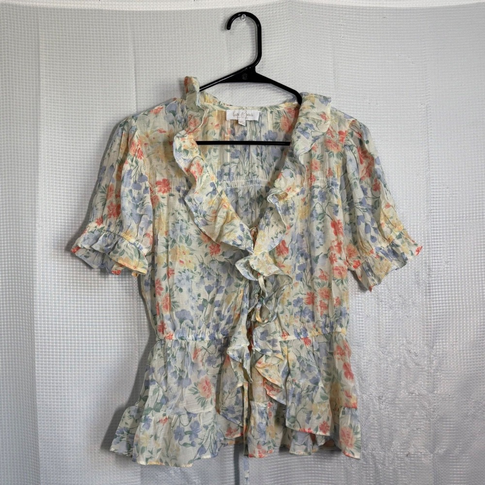 Love & Piece Collective Floral Rayon Ruffle Peplum Blouse Cottagecore Top M